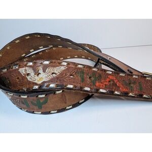 Vintage Handmade Leather Belt 42"-46"  Embossed Eagle Desert  Western Brass